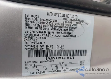 2004 Ford Crown Victoria Lx из США, поврежденный, VIN 2FAFP74W84X115178